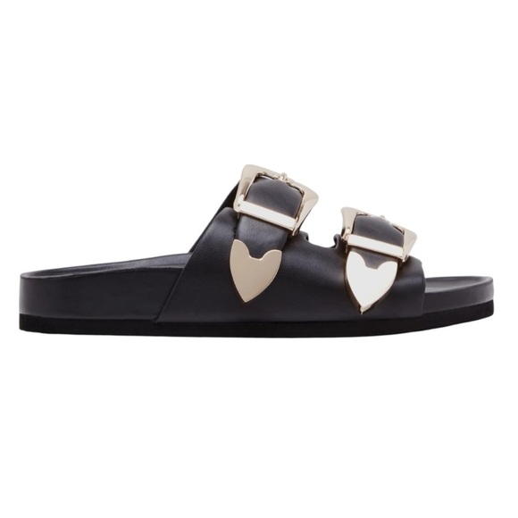 MADDEN GIRL Bandero Slip On Black Sandals With Stylish Heart-Shaped Gold Buckles - Picture 4 of 12